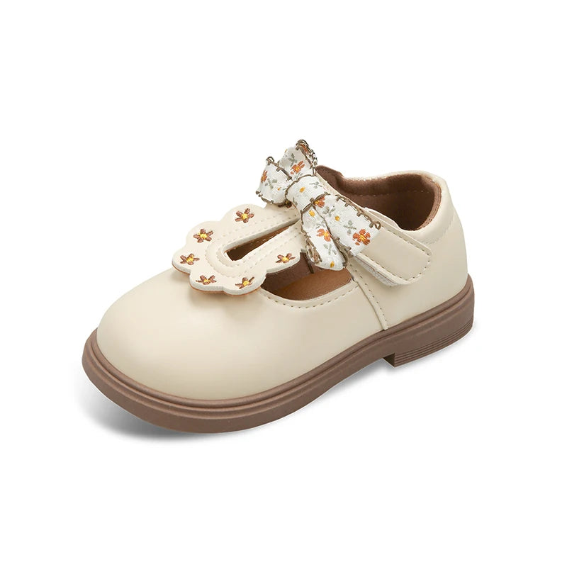 Girls Floral Bow T-Strap Shoes with Scalloped Flower Details and Round Toe, Black or Beige Dress Flats for School Outfits, Parties and Photos