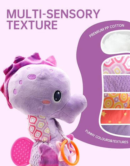 Plush Seahorse Baby Rattle with Crinkle Sounds, Colorful Patterned Panels and Soft Animal Design for Supervised Sensory Play and Baby Shower Gifts