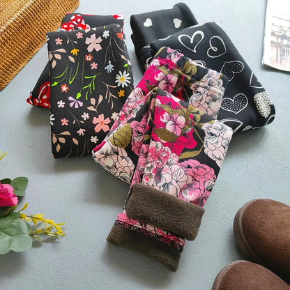 Printed Lined Leggings for Girls, Plush-Textured Winter Pants with Floral Heart and Pattern Options for Toddler and Kids Outfits, Sizes 2-3T to 10-11