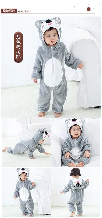 Baby Animal Hooded Costume Jumpsuit with Flannel Styling, Duck, Rabbit, Leopard and More Dress-Up Options for Boys and Girls, Sizes 70-120
