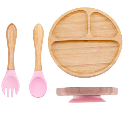 Baby Bamboo Suction Plate Set with Wooden-Handle Spoon and Fork, 3-Piece Cartoon Dinnerware with Divided Elephant Design for Toddler Meals