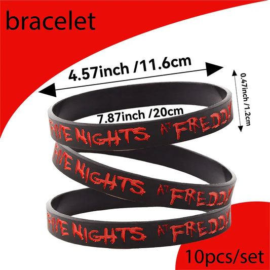 FNAF Wristbands 10-Pack, Black Five Nights at Freddy's Loop Bracelets with Red Lettering for Birthday Party Favors and Game Fan Gifts