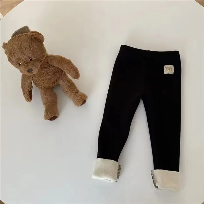 Ribbed Toddler Fleece Lined Pants with Bear Patch, Elastic Waist Pull-On Winter Trousers for Boys and Girls, Listed Sizes 12M to 6T