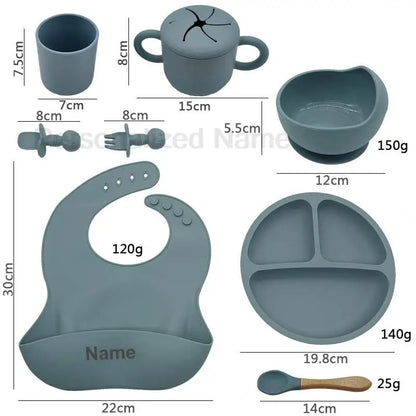 Nine-Piece Personalized Silicone Feeding Set with Suction Bowl, Divided Plate, Pocket Bib, Cups and Utensils for Supervised Baby Mealtimes