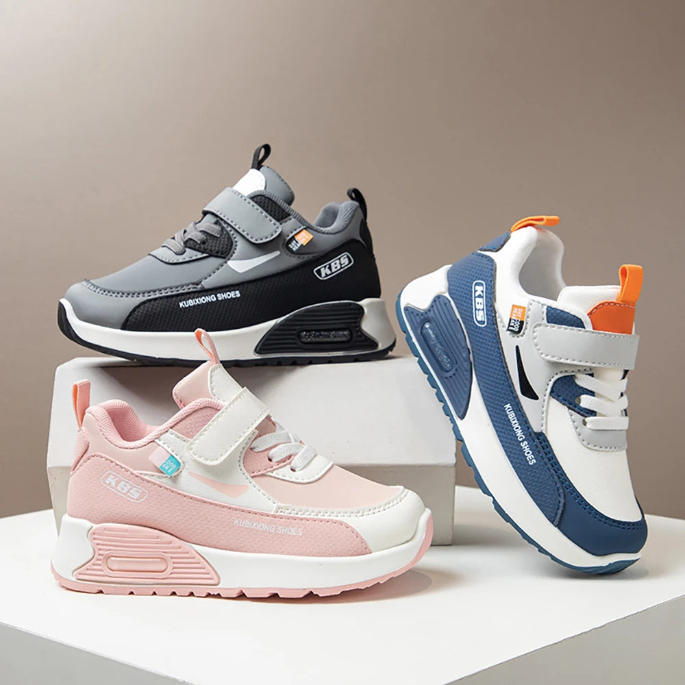 Color-Block Kids Running Shoes with PU Leather Upper, Soft Rubber Sole and Strap Closure for Boys and Girls, School Days and Outdoor Play