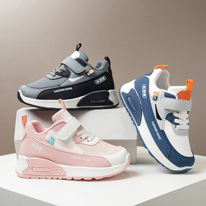 Color-Block Kids Running Shoes with PU Leather Upper, Soft Rubber Sole and Strap Closure for Boys and Girls, School Days and Outdoor Play