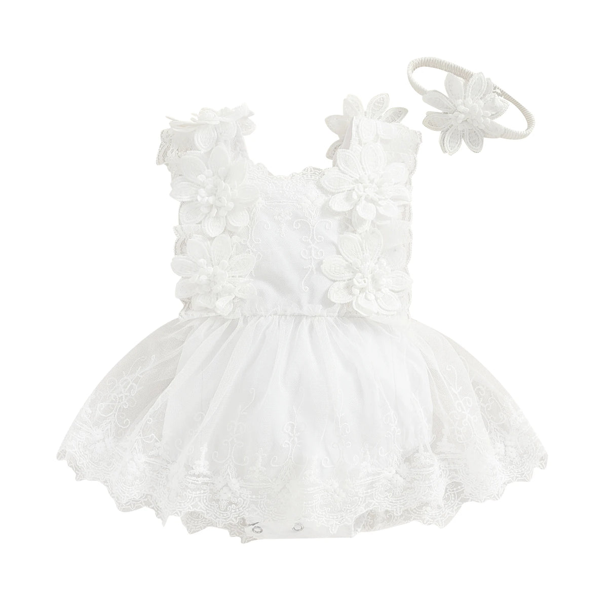 Floral Lace Baby Romper Dress with Matching Headband, Raised Flower Bodice and Sleeveless Square Neck for Parties and Milestone Photos, 0-18 Months
