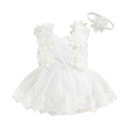 Floral Lace Baby Romper Dress with Matching Headband, Raised Flower Bodice and Sleeveless Square Neck for Parties and Milestone Photos, 0-18 Months
