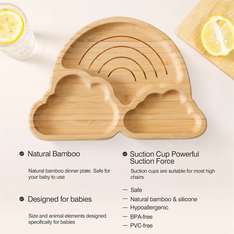 Bamboo Baby Suction Bowl and Tableware Options, Sun, Cloud and Dinosaur Designs with Single-Piece or 3-Piece Wooden-Handle Utensil Sets