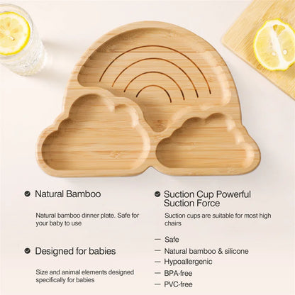 Bamboo Baby Suction Bowl and Tableware Options, Sun, Cloud and Dinosaur Designs with Single-Piece or 3-Piece Wooden-Handle Utensil Sets