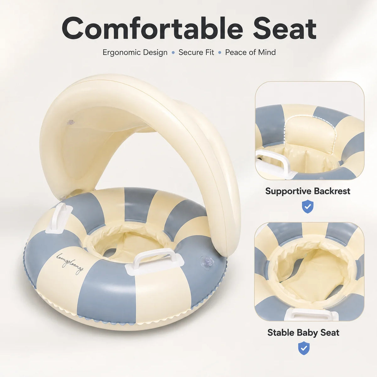 Inflatable Baby Pool Float Seat with Detachable Canopy and Easy-Grip Handles, Retro Striped Swim Ring for Supervised Summer Water Play