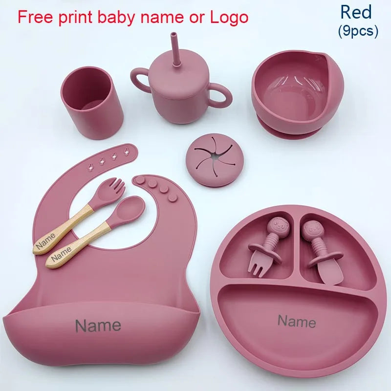 Nine-Piece Personalized Silicone Feeding Set with Suction Bowl, Divided Plate, Pocket Bib, Cups and Utensils for Supervised Baby Mealtimes