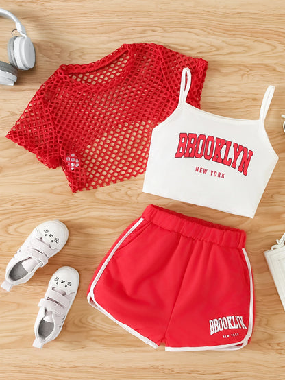 Girls Mesh Top and Shorts Outfit with Brooklyn Print Cami, Three-Piece Summer Set with Short Sleeves and Elastic Waist for Ages 8-12