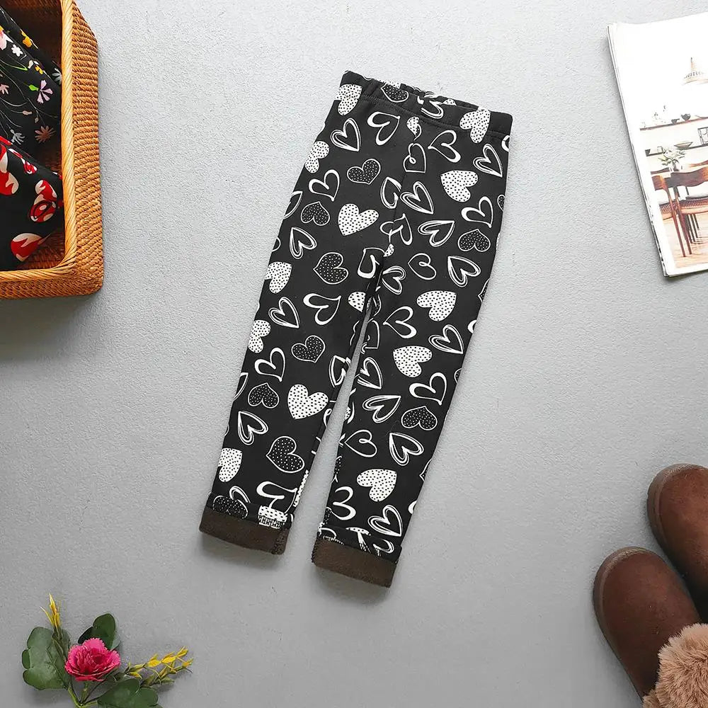 Printed Lined Leggings for Girls, Plush-Textured Winter Pants with Floral Heart and Pattern Options for Toddler and Kids Outfits, Sizes 2-3T to 10-11