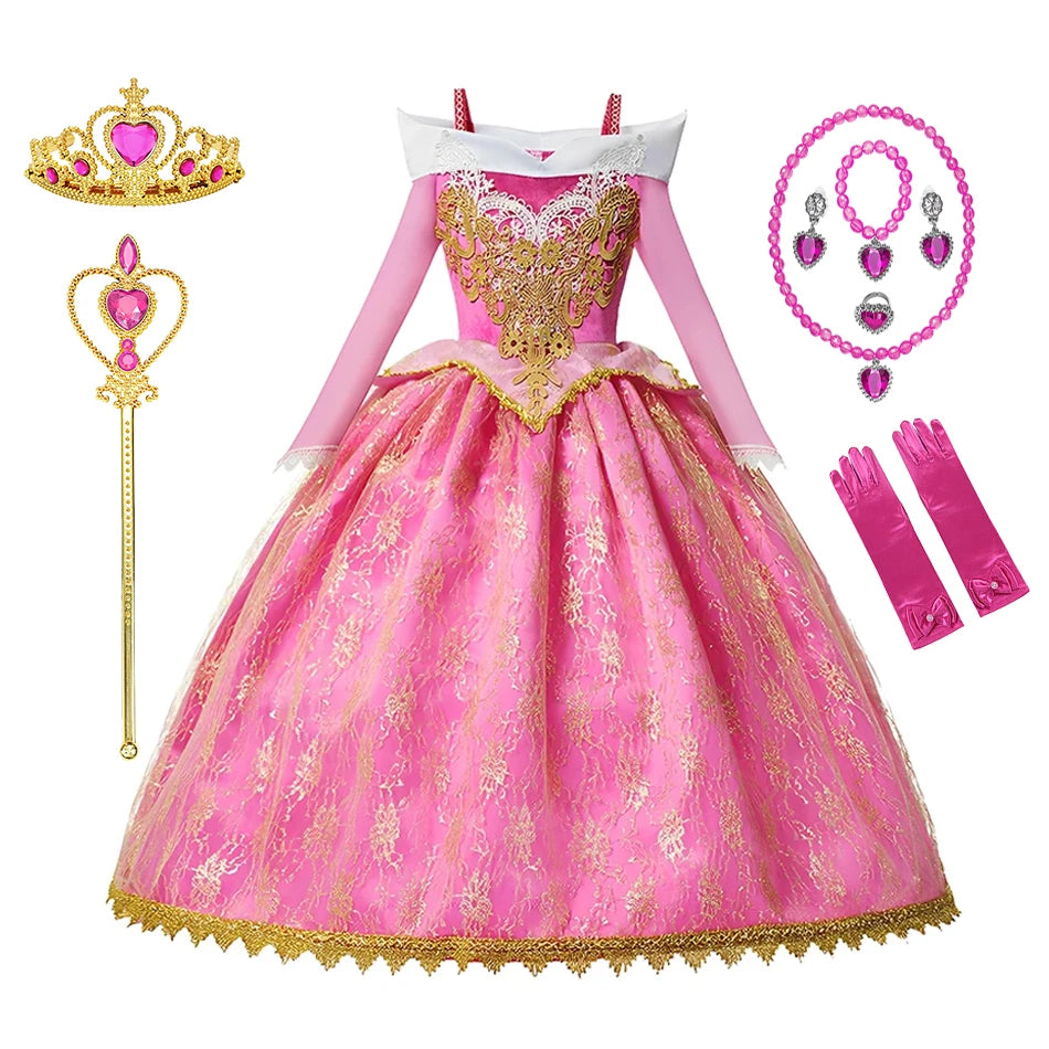 Pink Princess Costume Dress for Girls with Gold-Tone Detailing and Long Sleeves, Aurora-Inspired Party Dress-Up with Selectable Bundle Options