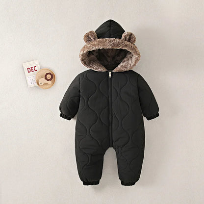Baby Quilted Hooded Jumpsuit with Bear Ears, Plush-Look Hood Trim and Front Zipper, Long Sleeve Winter One-Piece Clothing for Infants and Toddlers