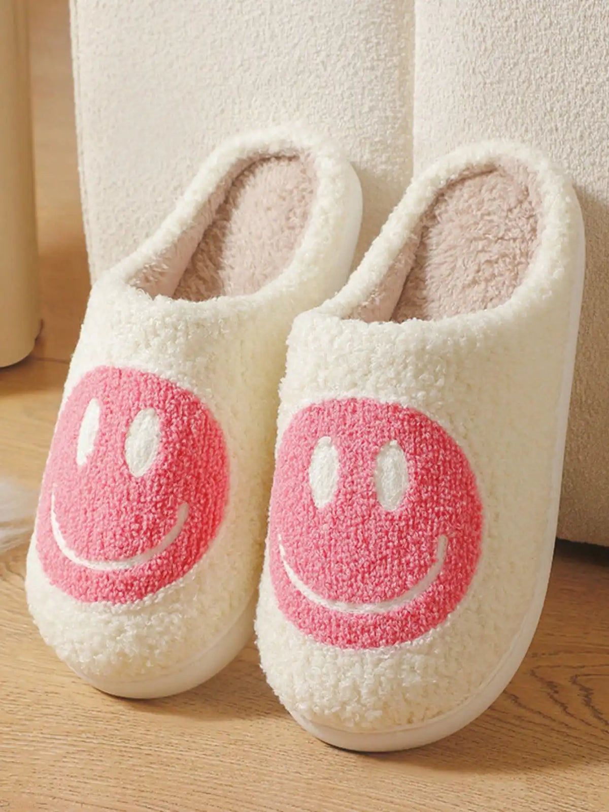 Kids Smiley Face Plush Slippers, Closed-Toe Slip-On Indoor House Shoes with Thick Soles in Blue, Pink, Yellow or Light Green for Fall and Winter