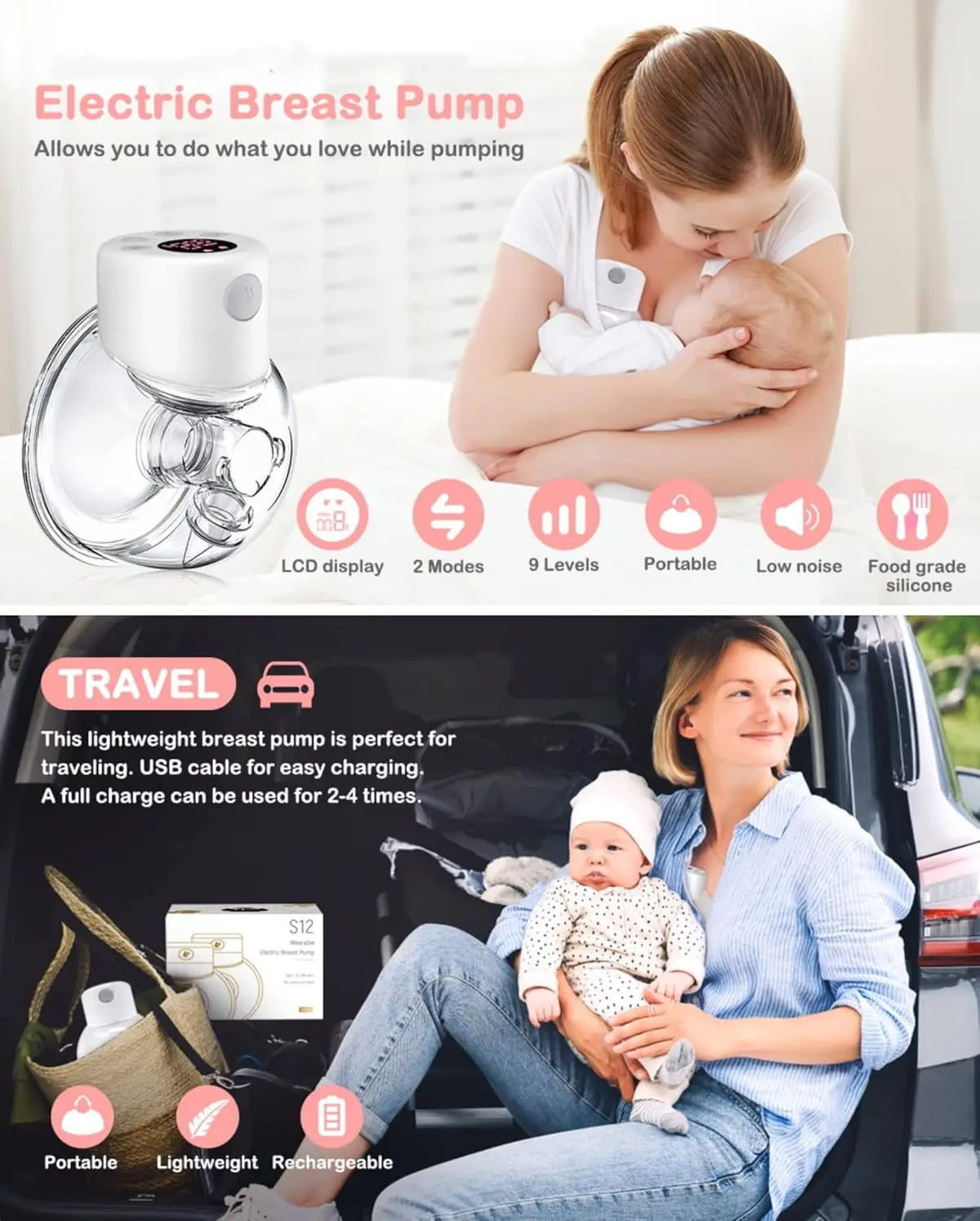 Hands-Free Electric Breast Pump, BornBL S12 Single or Double Portable Milk Expression Design with 24 mm or 27 mm Options for Nursing Moms