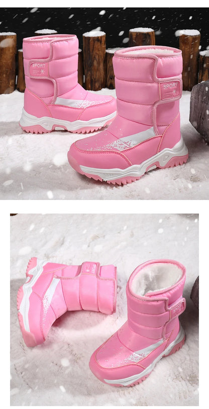 Kids Plush-Lined Winter Boots with Padded Shafts and Front Flap Closures, Pink or Purple Snow-Style Footwear for Boys and Girls