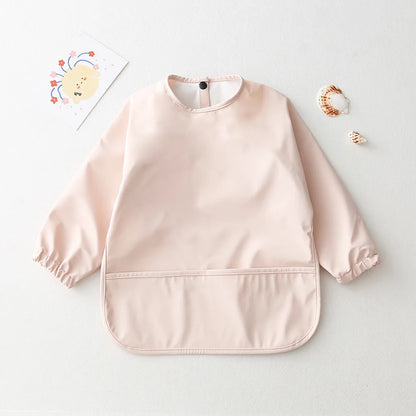 Long Sleeve Feeding Bib for Babies and Toddlers, Solid Color Polyester Mealtime Apron with Front Pocket for Snacks and Messy Art Play