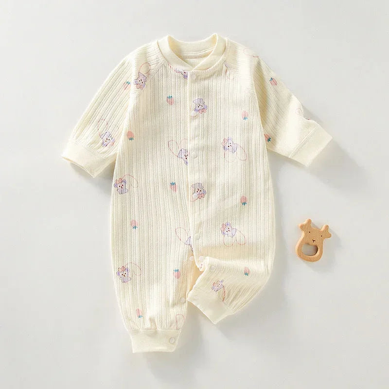 Printed Baby One-Piece Romper with Long Sleeves, Front Opening and Footless Legs, Heart and Animal Style Options for Boys and Girls, Sizes 59-90 cm