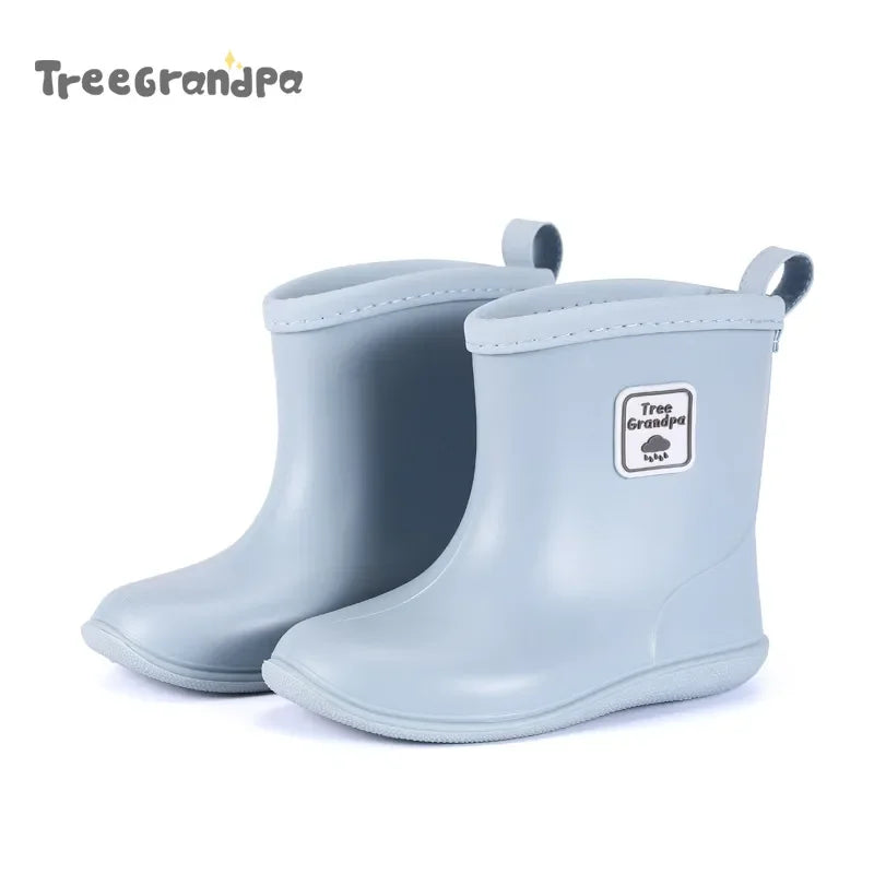 Solid Color Kids Rain Boots in PVC with Rear Pull Tabs, Mid-Calf Pull-On Rainy-Day Shoes for Boys and Girls, Eight Colors and Listed Sizes 5-12