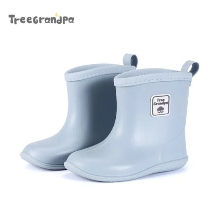 Solid Color Kids Rain Boots in PVC with Rear Pull Tabs, Mid-Calf Pull-On Rainy-Day Shoes for Boys and Girls, Eight Colors and Listed Sizes 5-12
