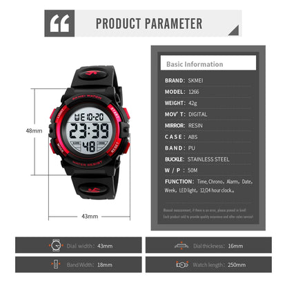 Kids Digital Sports Watch, SKMEI LED Chronograph Wristwatch with 5Bar Water Resistance, Round Display and PVC Buckle Strap for Boys and Girls