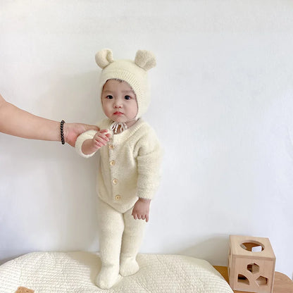 Plush Baby Jumpsuit with Front Buttons and Long Sleeves, Textured Fall Winter One-Piece Outfit for Boys and Girls in White, Camel, Pink or Grey