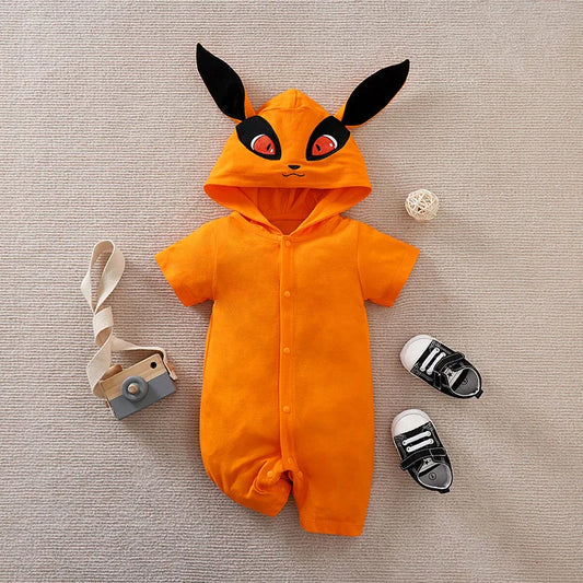 Fox Hooded Baby Romper, Orange Cotton Short Sleeve One-Piece with Animal Ears and Front Snaps for Boys and Girls Costume Photos