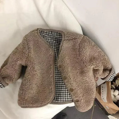Toddler Reversible Plaid Jacket with Plush Reverse, V-Neck Snap Front and Patch Pockets, Brown or Beige Kids Fall Winter Layer, Sizes 12M-6T