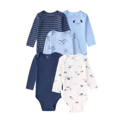 Baby Long Sleeve Bodysuits 5-Pack in Cotton, Everyday One-Piece Clothing Set for Infant Boys and Girls in 6 to 24 Month Sizes