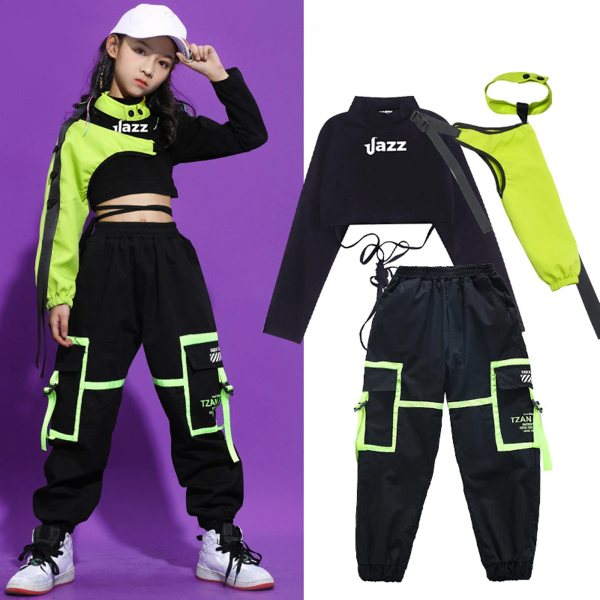 Girls Hip Hop Cargo Pants Dance Set with Crop Top and Decorative Sleeve, Three-Piece Colorblock Stage Outfit for Ages 4–16 by LOLANTA