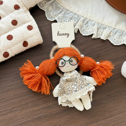 Doll Hair Accessories for Girls, Handmade Cotton Character Hair Clip or Elastic Hair Tie with Floral Dress and Colorful Pigtail Details