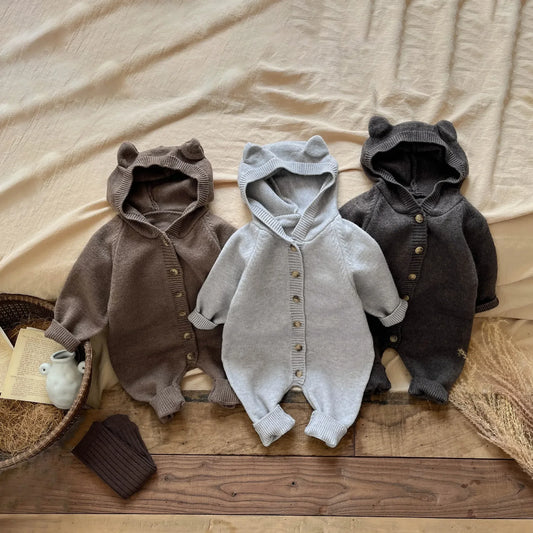Round Ear Hooded Baby Knit Jumpsuit with Button Front and Ribbed Cuffs, Footless Spring and Fall Romper in Brown, Light Grey or Dark Grey
