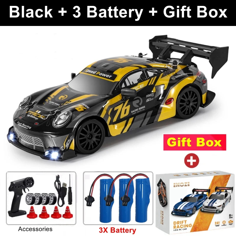 RC Drift Racing Car with 4WD, 2.4GHz Proportional Remote Control, LED Lights and Replaceable Racing and Drift Tires for Kids and Adults