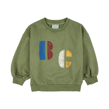 Kids Crewneck Sweatshirt with Animal, Flower and Letter Graphic Options, Long Sleeve Unisex Pullover for Boys and Girls Everyday Seasonal Layering