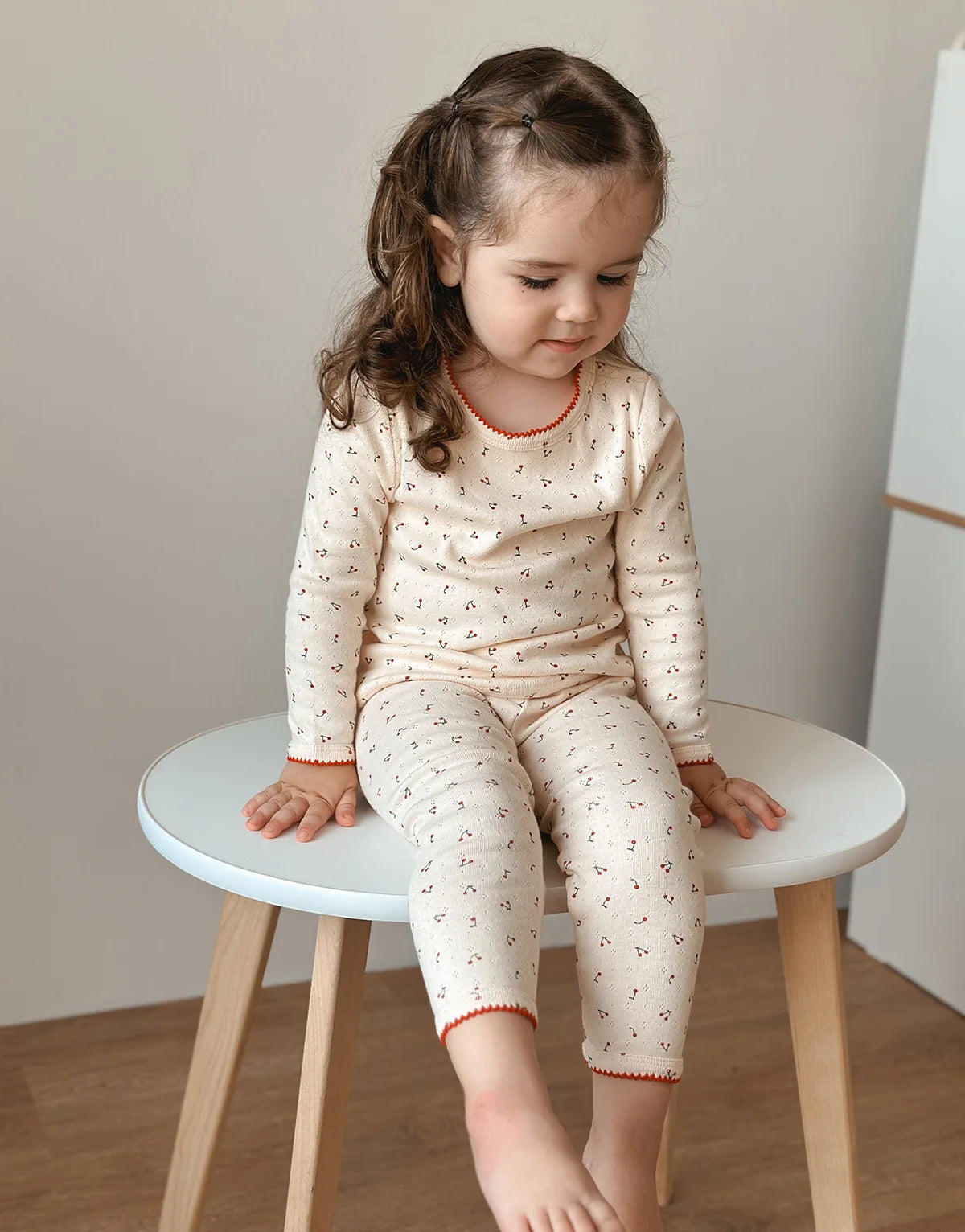 Cherry Print Girls Cotton Pajama Set, Cream Long Sleeve Top and Matching Pants with Red Picot Trim, Two-Piece Toddler Homewear, 1-6T