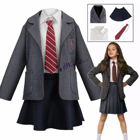 Girls School Uniform Cosplay Costume with Grey Blazer, Dark Skirt and Striped Tie, Matilda Inspired Outfit in Kids and Adult Sizes for Parties
