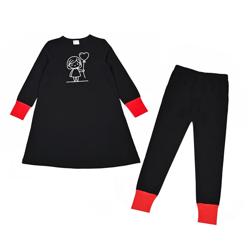 Kids Matching Pajamas with Red Cuffs and White Character Graphics, Black Sibling Outfit Styles with Two-Piece Sets, Nightgown and Footie Options