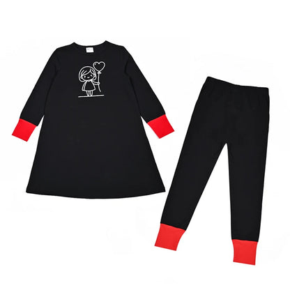 Kids Matching Pajamas with Red Cuffs and White Character Graphics, Black Sibling Outfit Styles with Two-Piece Sets, Nightgown and Footie Options