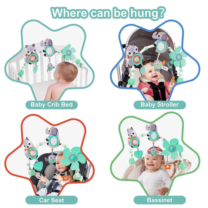 Musical Baby Toy Arch with Animal Rattle, Mirror and Spinning Windmill, Foldable Clip-On Sensory Activity Bar for Compatible Strollers