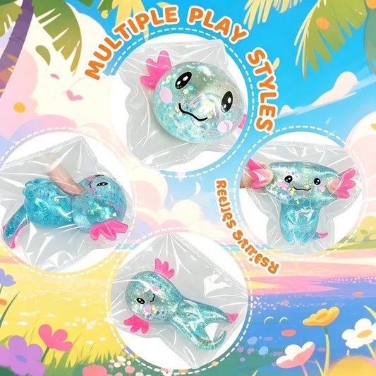 Axolotl Squishy Toy with Glitter, Soft TPR Salamander Squeeze Fidget for Gentle Tactile Play, One Random-Color Animal Lover Gift