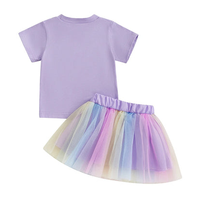 Toddler Girl Birthday Outfit with Purple Embroidered Tee and Pastel Rainbow Tulle Skirt, Two-Piece Party and Photo Set, 12 Months-6 Years