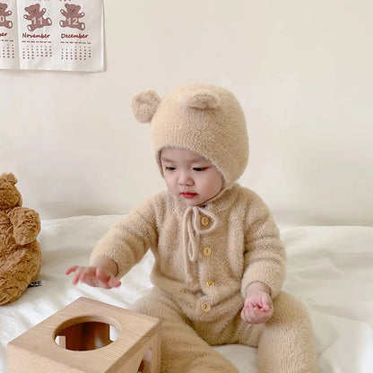 Plush Baby Footed Jumpsuit with Button Front, Bear-Inspired Autumn Winter One-Piece Outfit for Boys and Girls in Four Colors