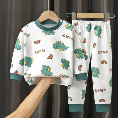 Dinosaur Print Kids Cotton Two-Piece Set with Long Sleeve Top and Matching Cuffed Pants, Unisex Baby and Toddler Outfit in Sizes 73-130