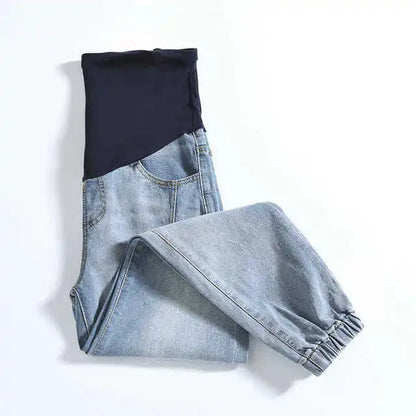 Maternity Denim Jeans with Over-Belly Panel, Blue Pregnancy Pants with Frayed Hem Styling, M-2XL Options for Everyday Casual Outfits