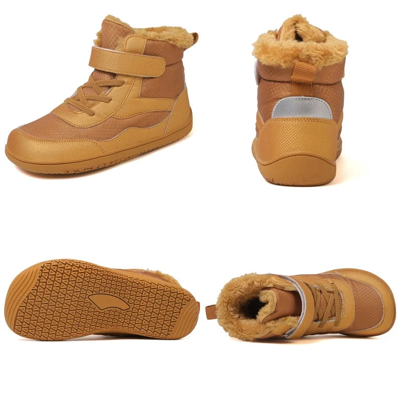 Wide Toe Winter Boots for Kids, Barefoot-Style High-Top Shoes with Cozy Lined Styling and Strap Options for Boys and Girls Cold-Weather Outfits