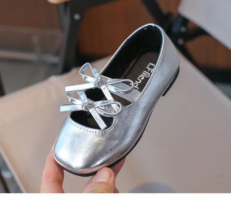 Girls Square-Toe Double-Bow Dress Flats with Cross-Strap Detail in Silver, Black or Gold for Party Outfits, Family Celebrations and Special Occasions