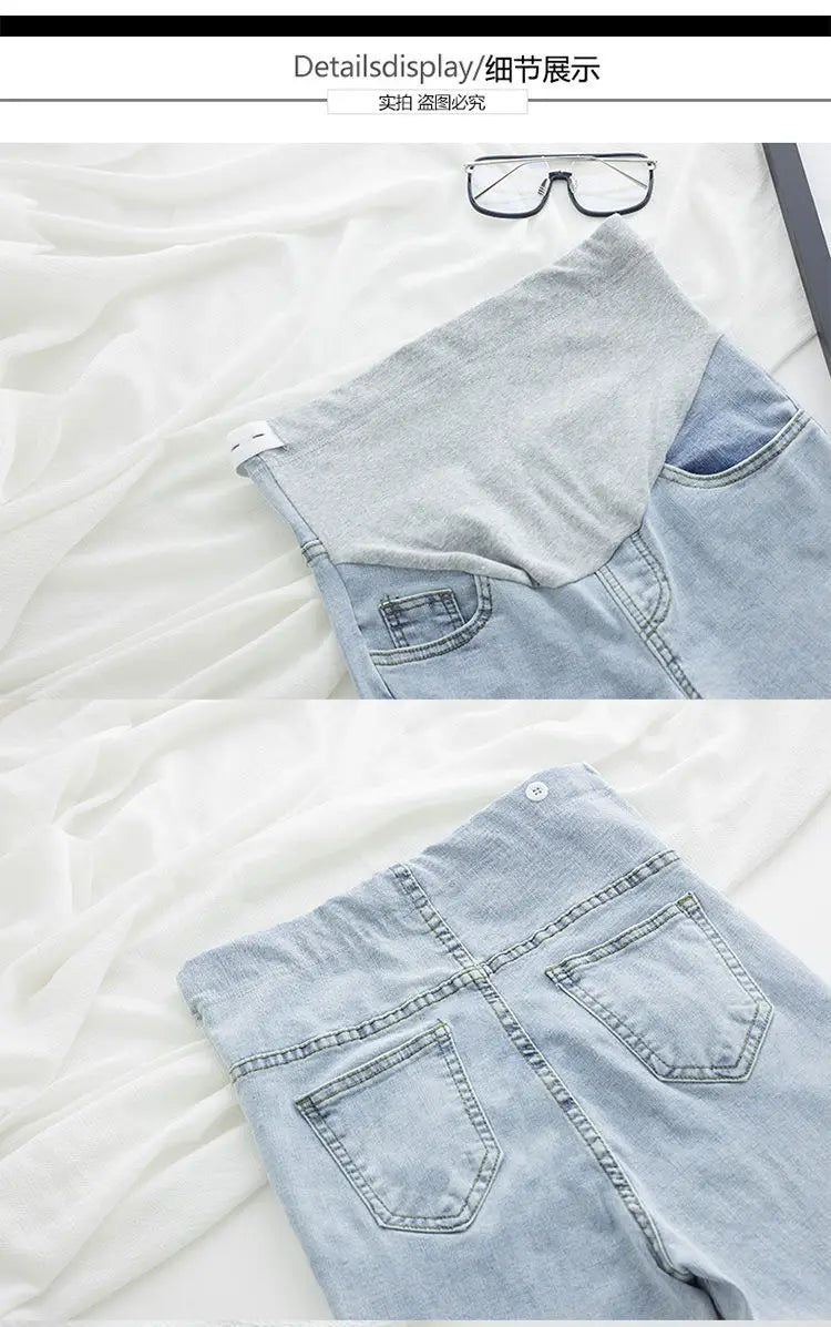 Maternity Denim Jeans with Over-Belly Panel, Blue Pregnancy Pants with Frayed Hem Styling, M-2XL Options for Everyday Casual Outfits